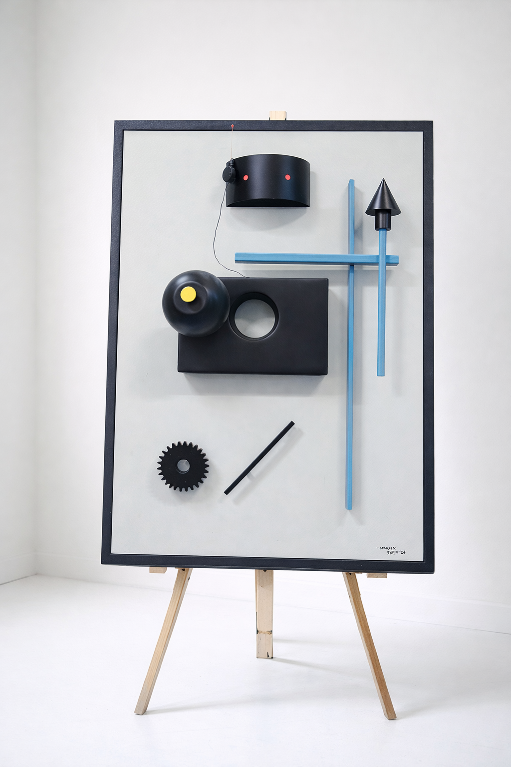 Minimal mixed-media artwork by Peter Sprengers with black and blue geometric elements